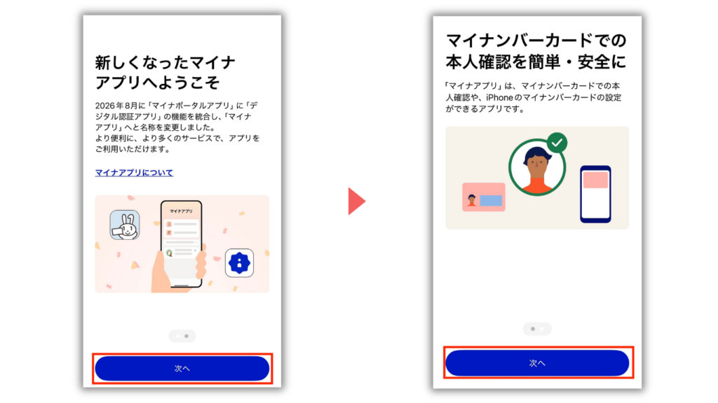 マイナアプリの初回案内画面。アプリの紹介とマイナンバーカードによる本人確認の説明を確認し、次へを選ぶ